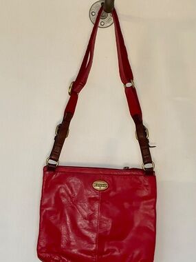Vintage Fossil Red Leather Crossbody Brass Hardware
